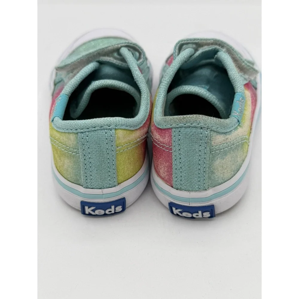 Keds Kids Glittery Hook & Loop Turquoise Multi-stripe Colorway Sneakers Size 7